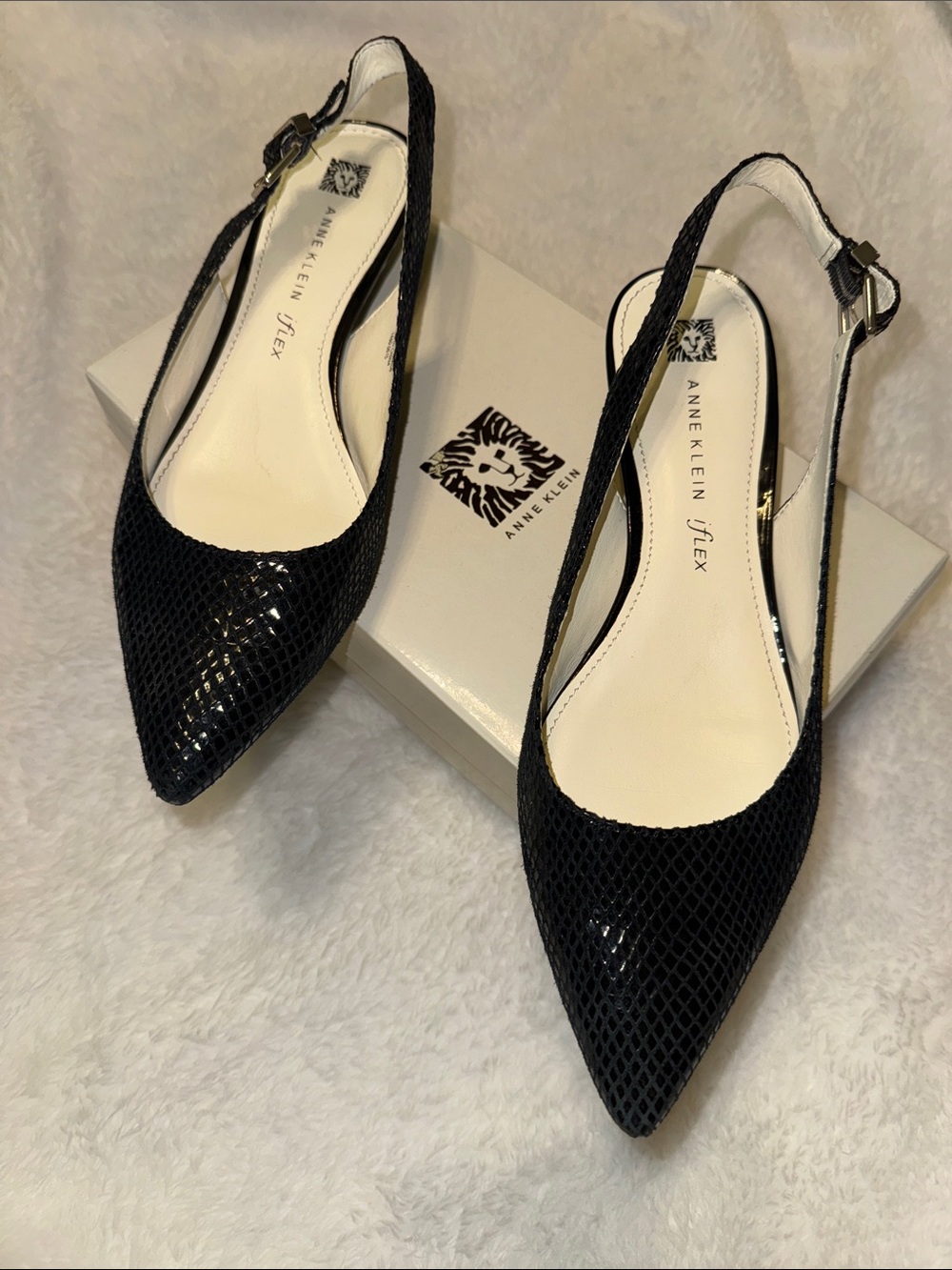 Anne Klein Black Leather Textured Slingback Pointed Flats